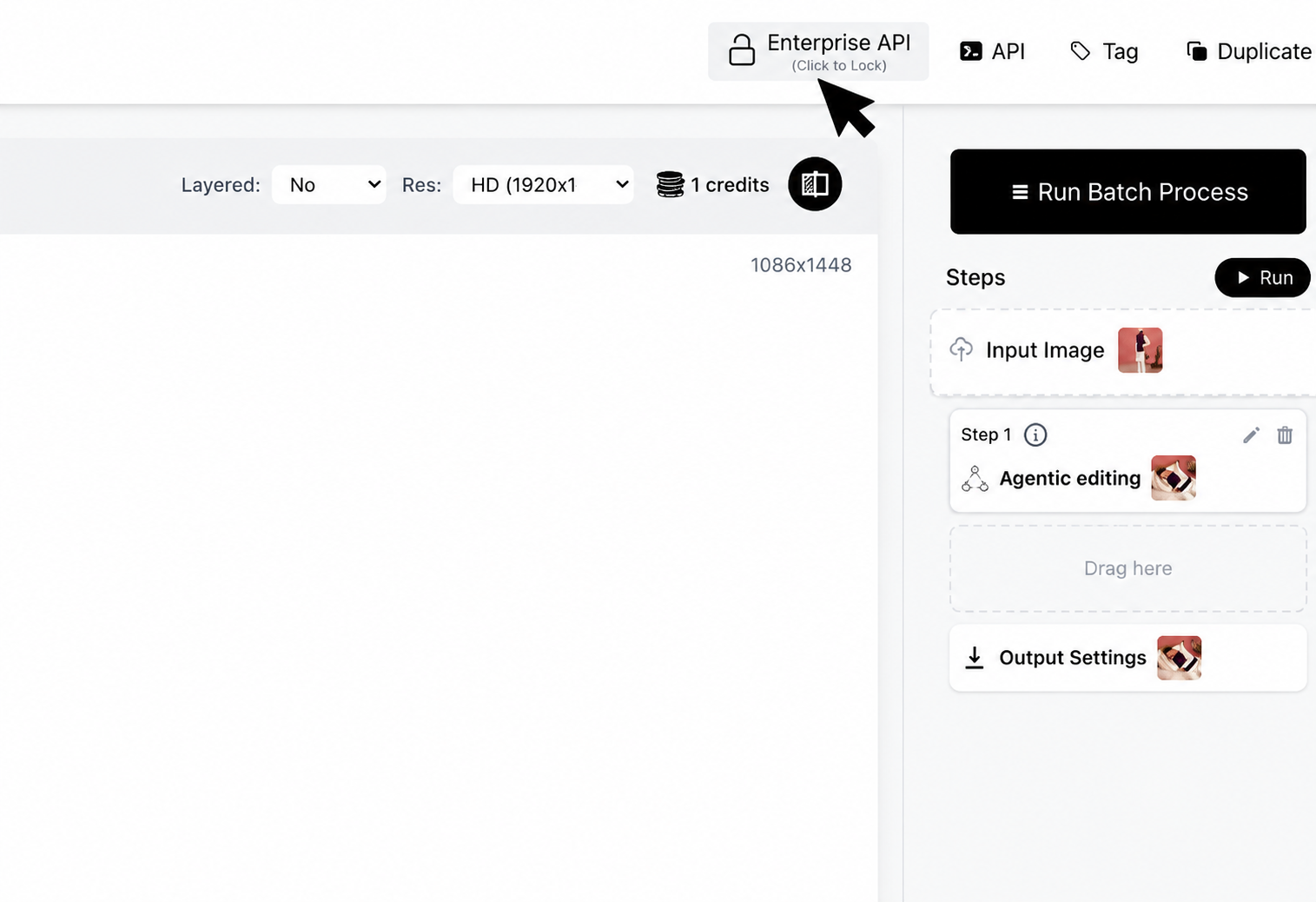 Workflow toolbar with a cursor pointing to Enterprise API
