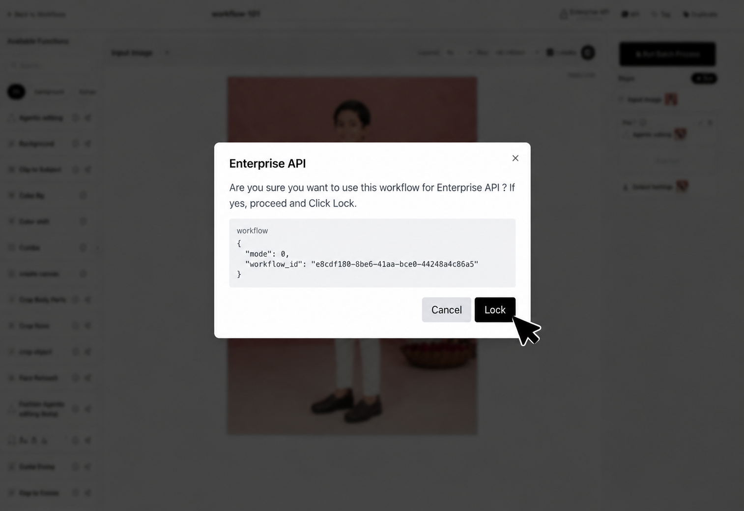 Enterprise API confirmation dialog with a cursor pointing to Lock